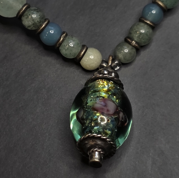 Jade Beaded Necklace W/ Lampwork Pendant And Egyptian Scarab Hangtag - Picture 2 of 7